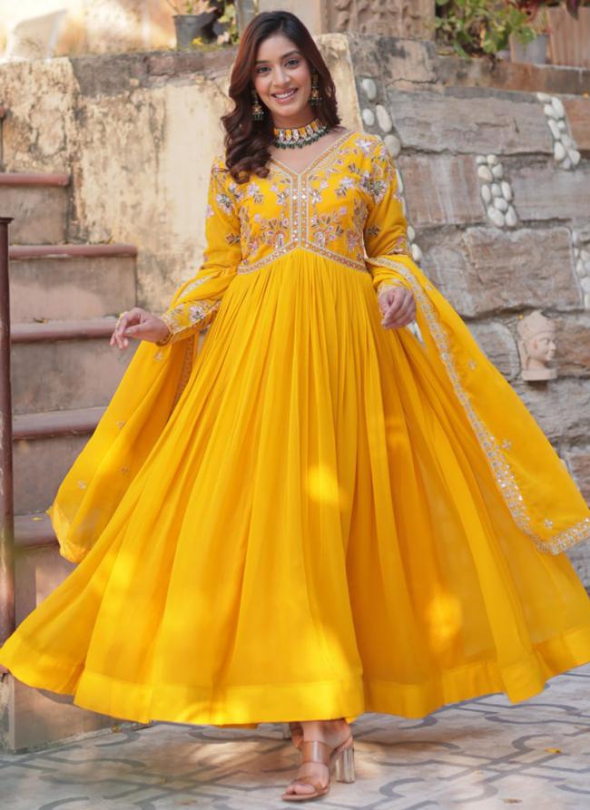 Faux Blooming Yellow Party Wear Embroidery Work Readymade Anarkali Suit